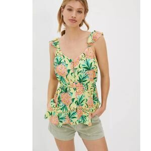 New Anthropologie Farm Rio Ruffled Floral Tank $138 SMALL Yellow Motif